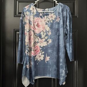 Floral Blue and Pink Blouse With Crystal Accents